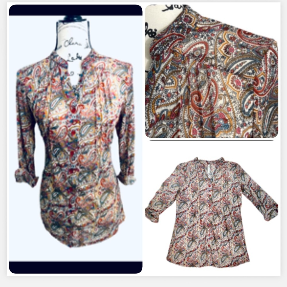 PerSeption Concept Red‎ & Blue Multicolor Paisley Blouse Top Button Up Stretch